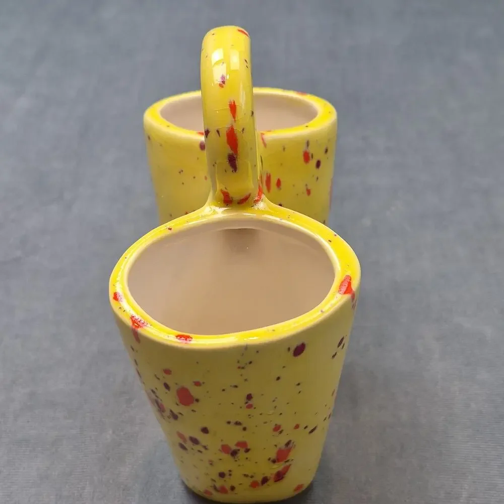 Vintage 1980s Ceramic Double Bud Vase Splatter Speckled Yellow Orange Drip Vase
